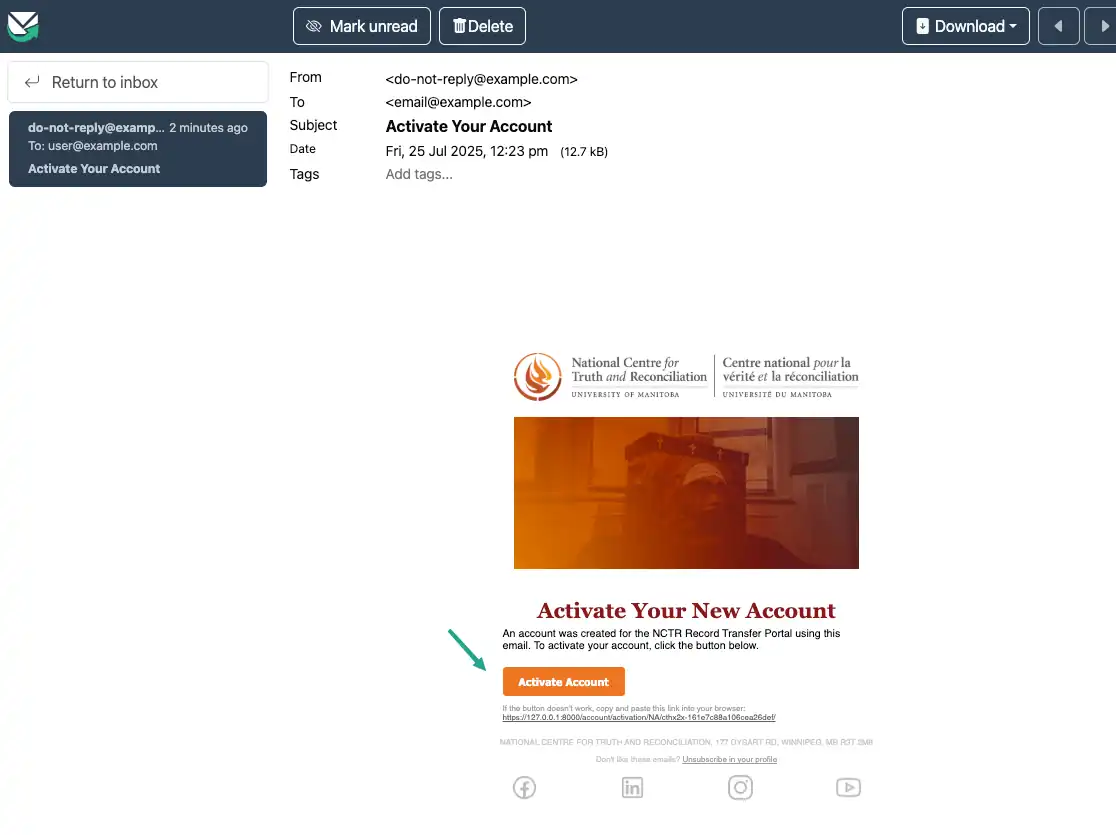 User activation email