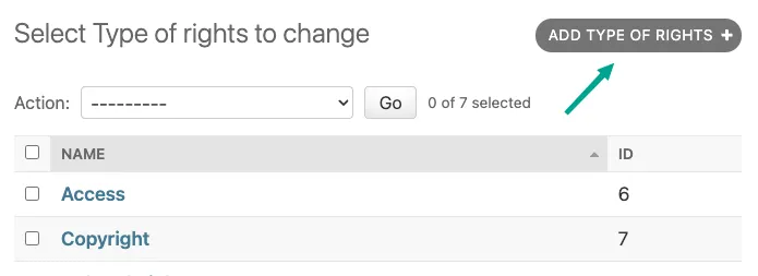 Add Rights Type link on Right Types admin page