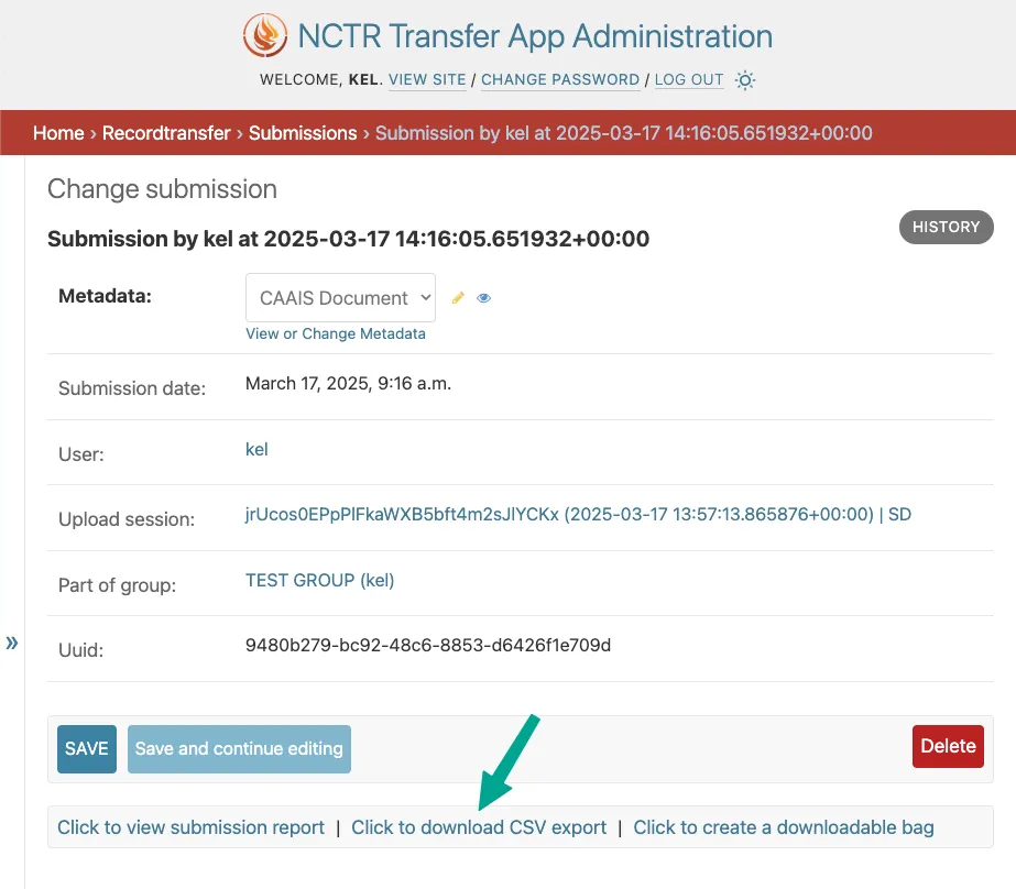 Download CSV export from submission detail page