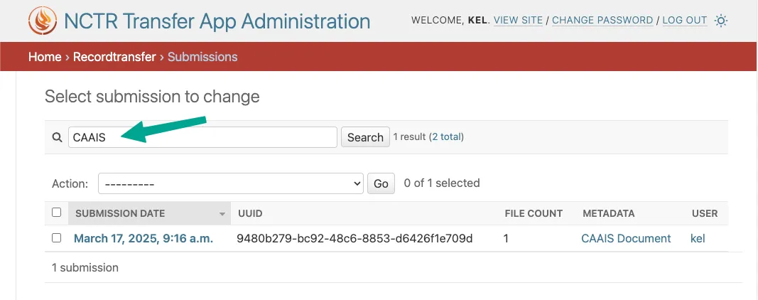 Search bar in admin submissions page