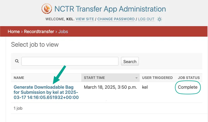 Jobs page link in bag creation message