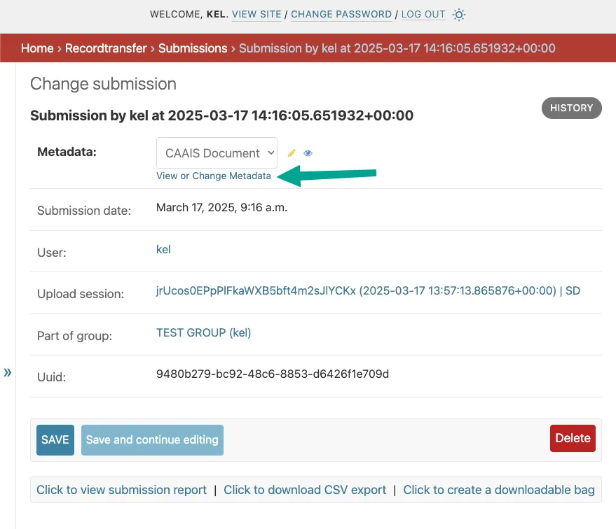 Link to view or change metadata