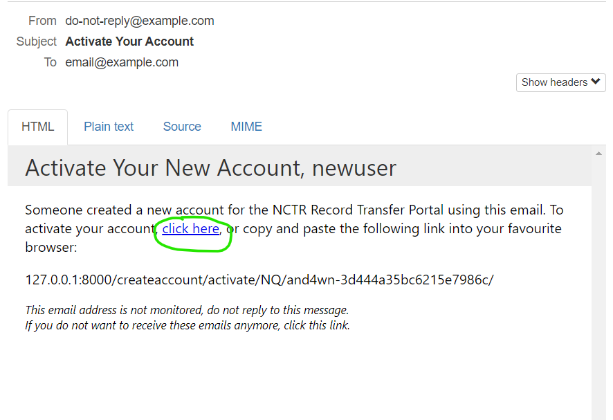 User activation email