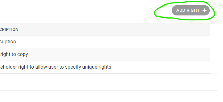 Green circle around Add Right link on Right admin page