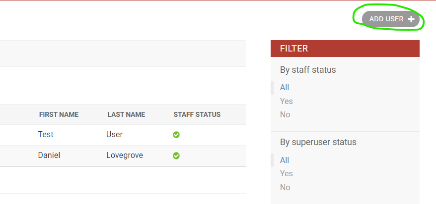 Green circle around Add User link on User admin page