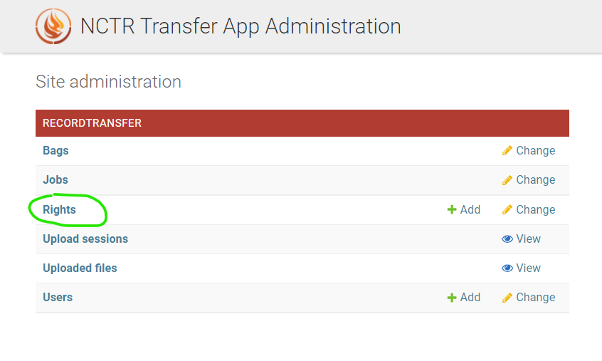 Green circle around Rights link in admin app