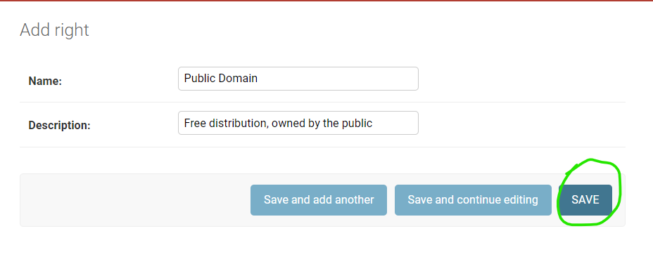 Green circle around Save link on Right create page