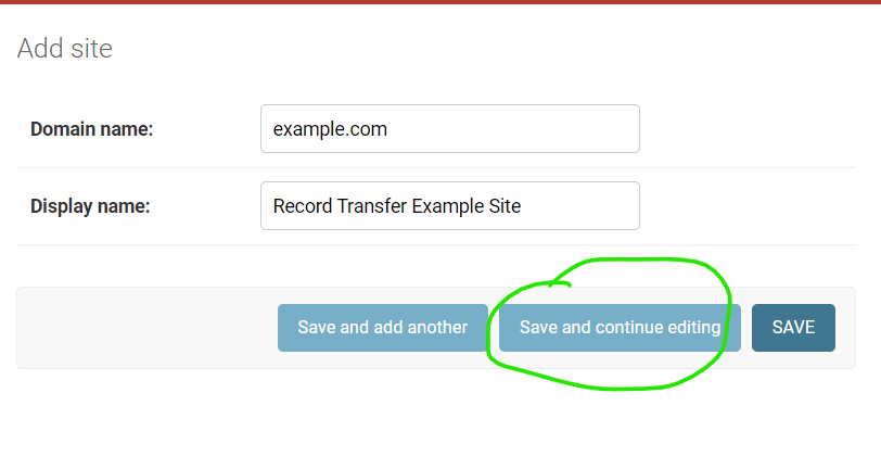 Green circle around Save and continue link on Site create page