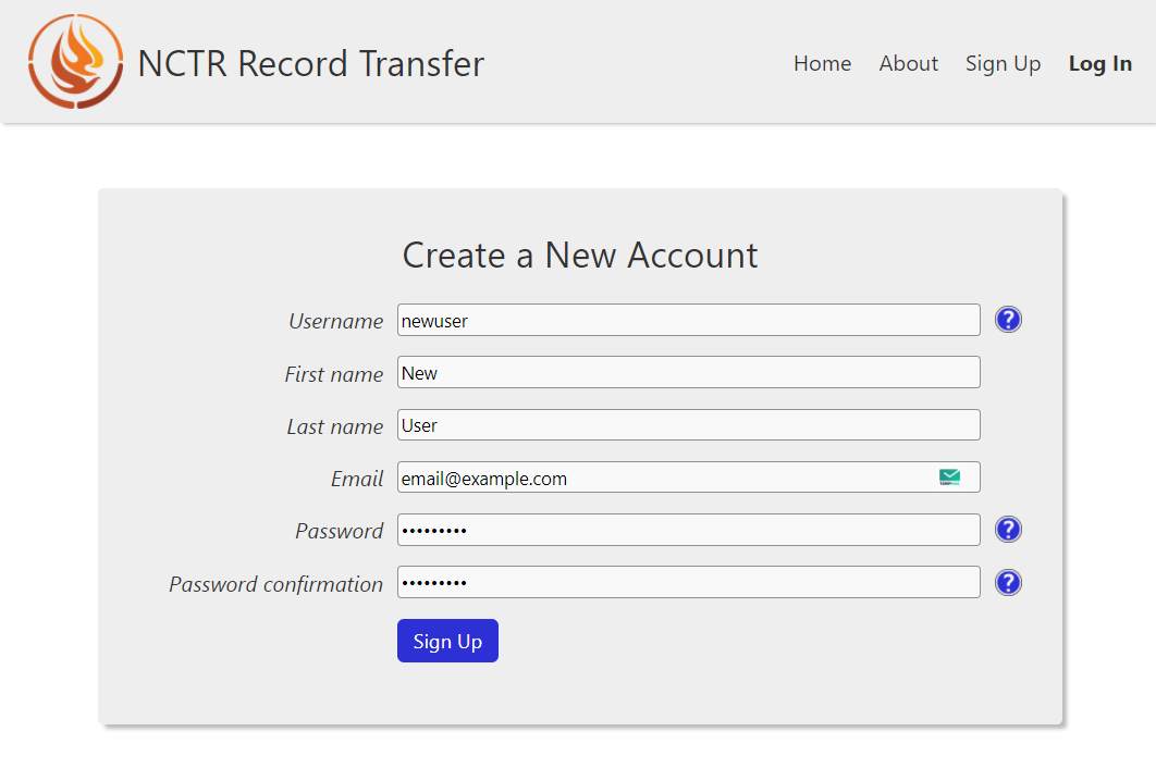 Filled in sign up form