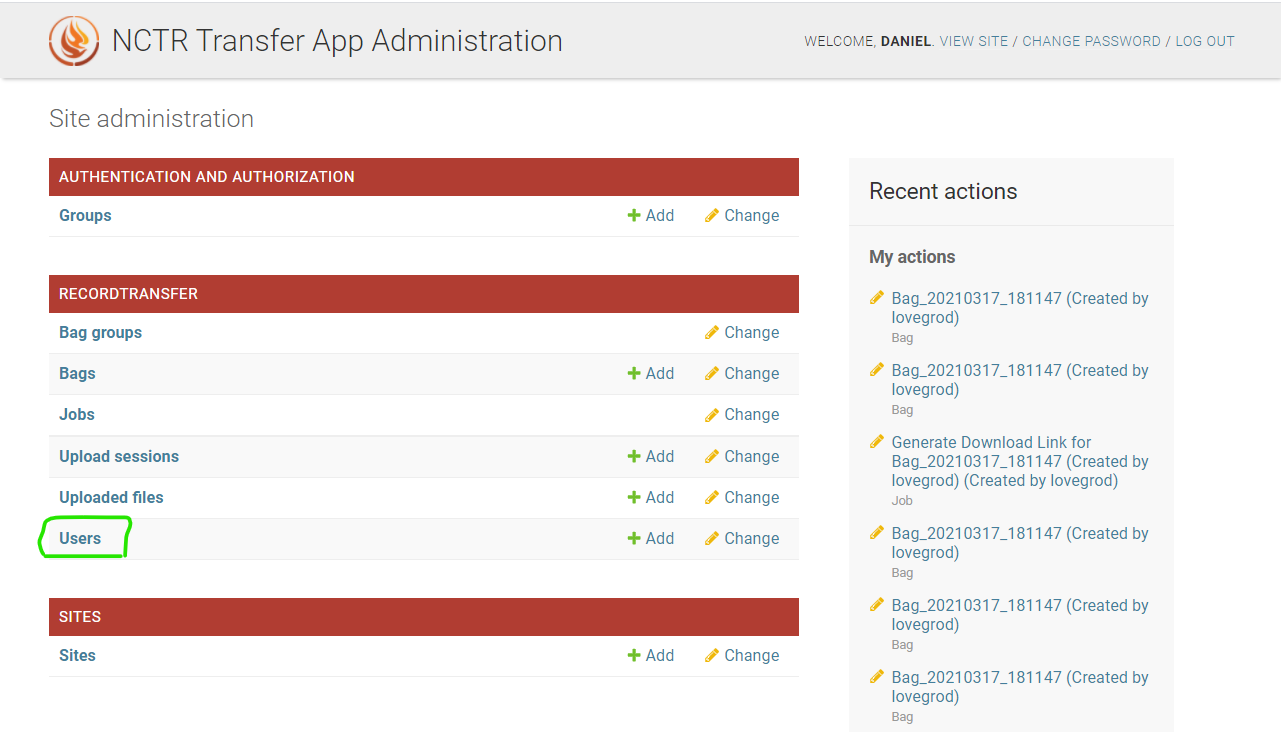 Green circle around Users link in admin app