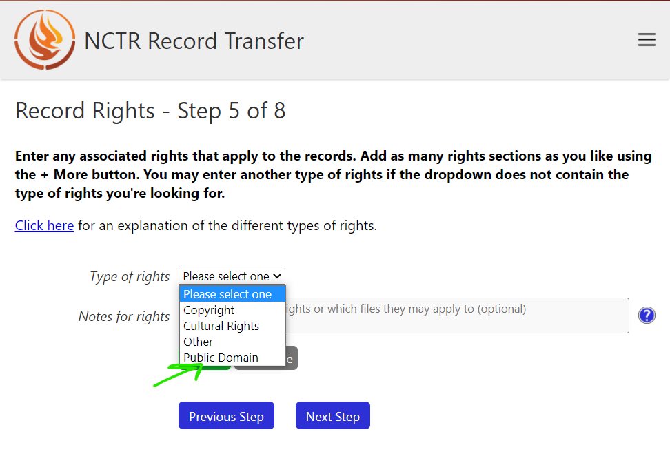 Green arrow pointing to new right in rights dropdown
