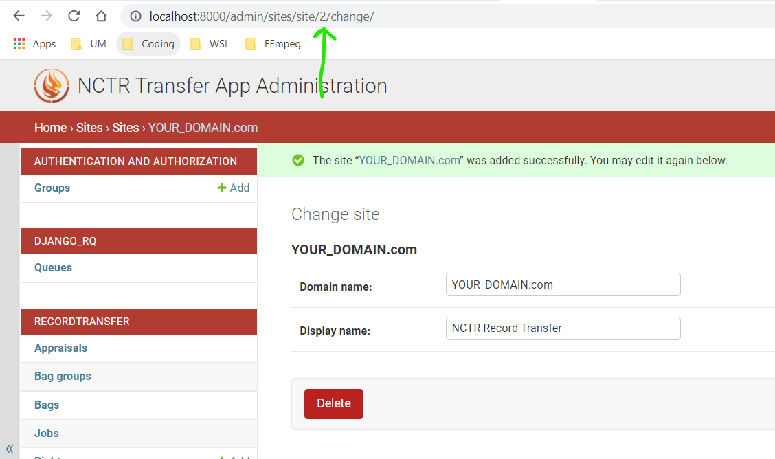 Green arrow pointing to SITE_ID in address bar