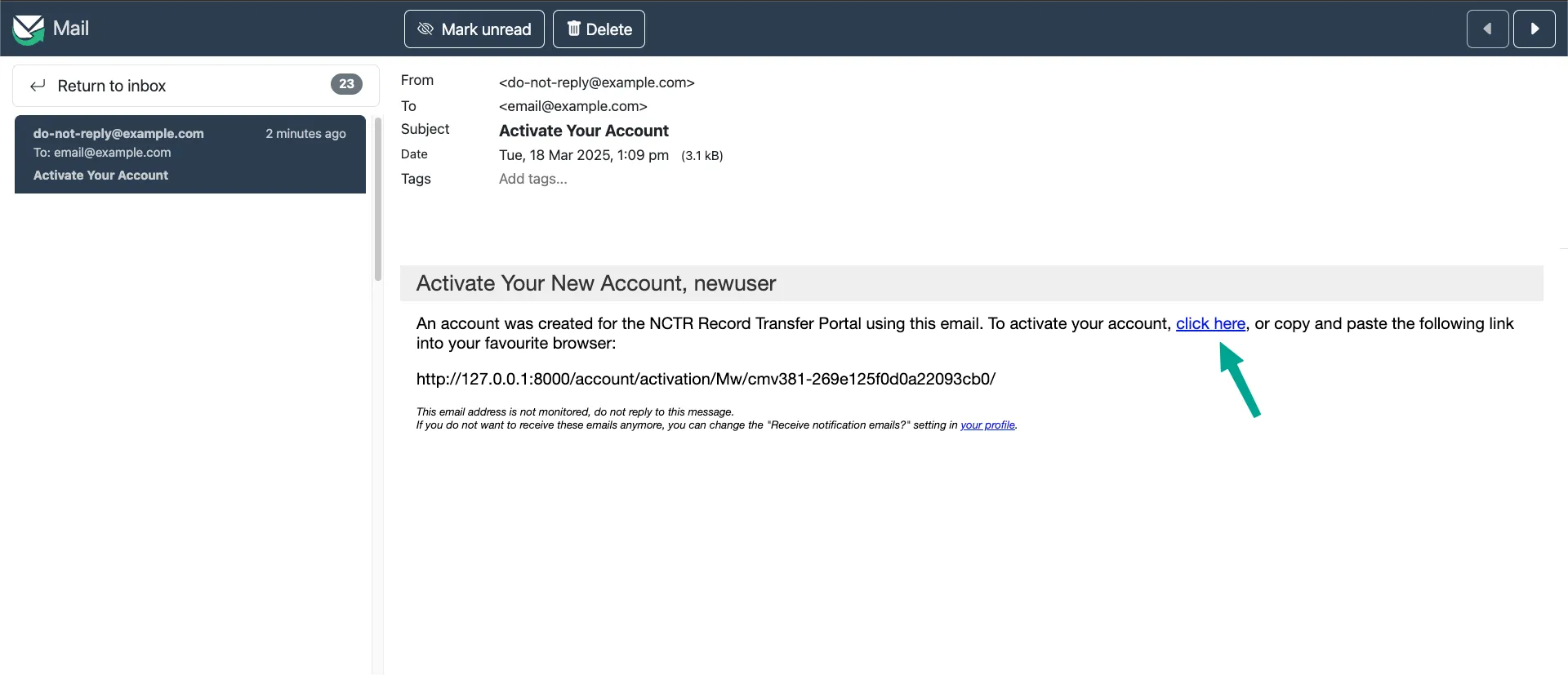 User activation email