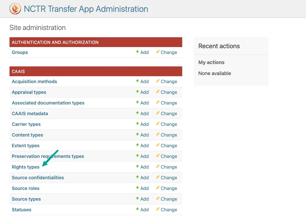 Rights Types link in admin app