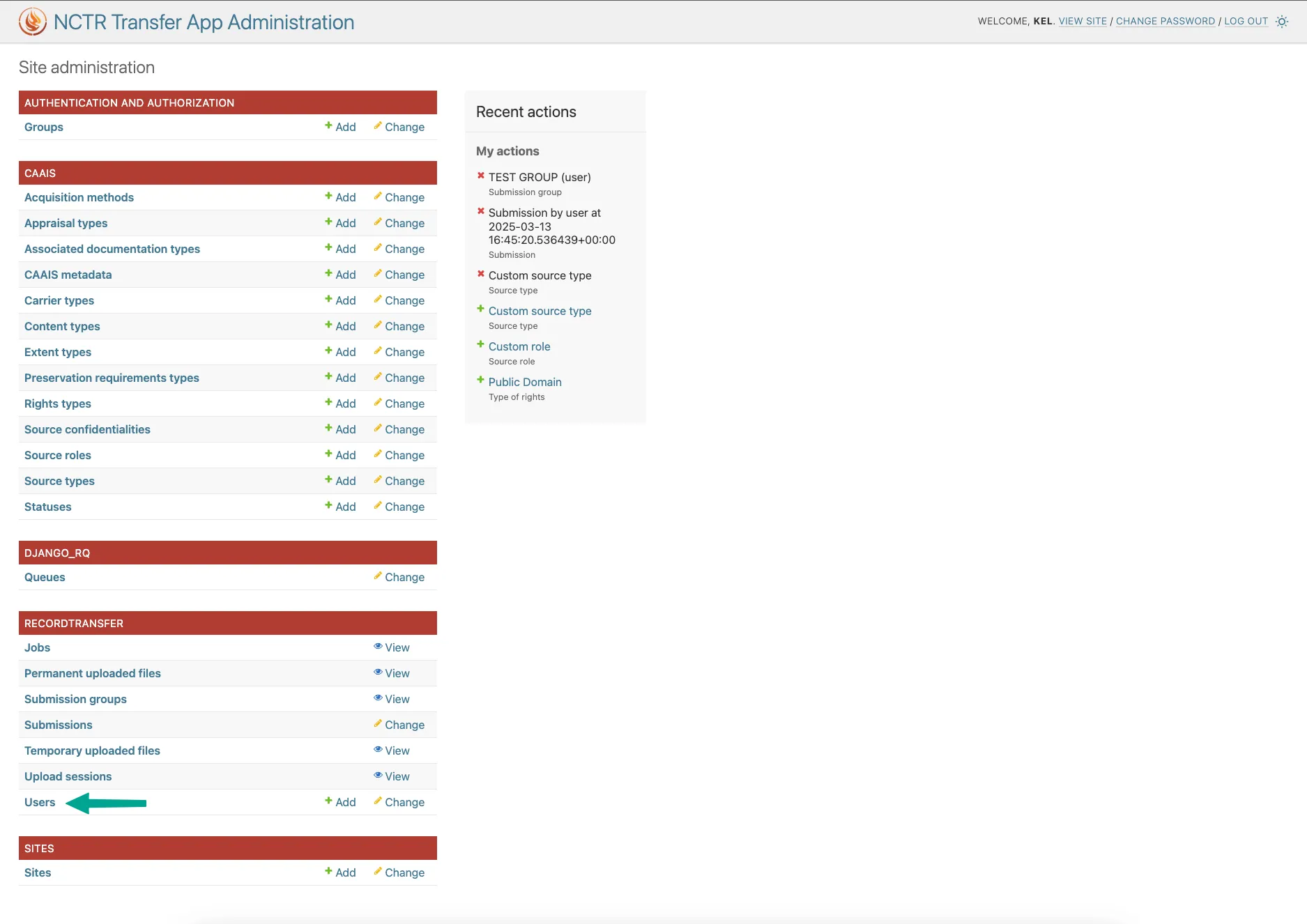 Users link in admin app