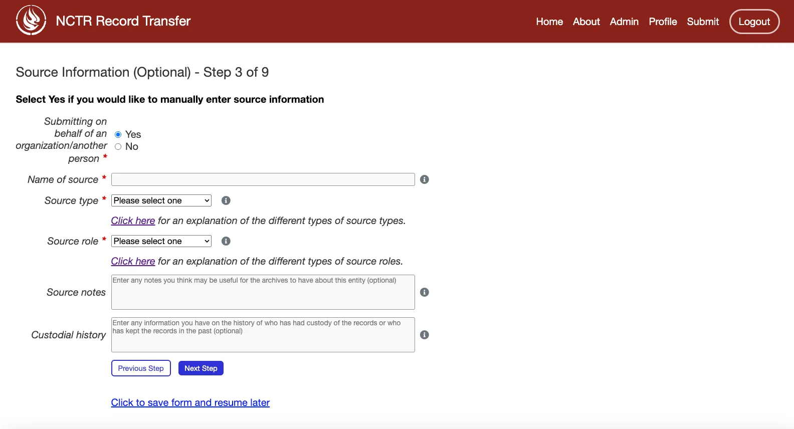 Step 3 of the submission form, submitting on behalf of another person or organization