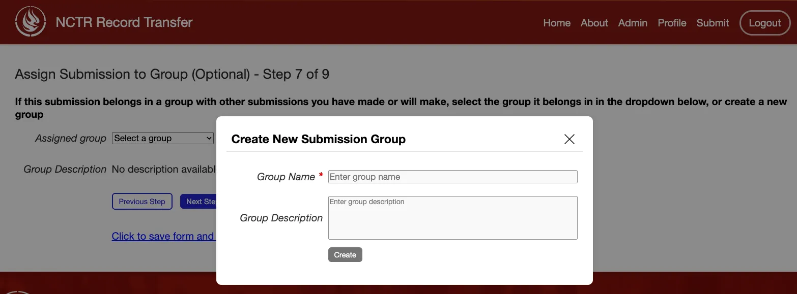 Step 7 of the submission form, adding a new group