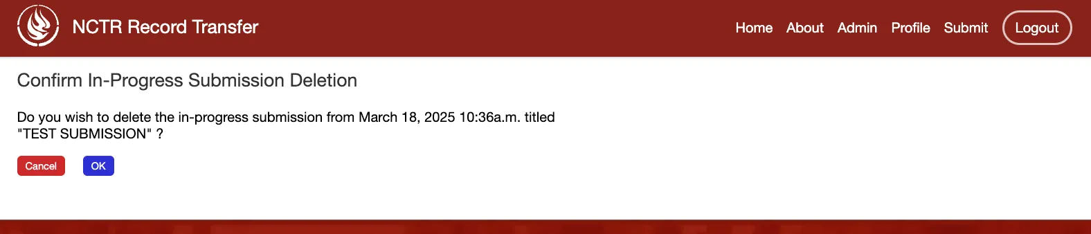 User profile delete submission confirmation