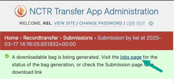 Message indicating bag is being created