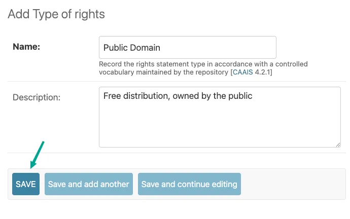 Save button on Rights Type create page