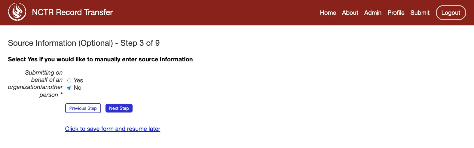 Step 3 of the submission form, not submitting on behalf of another person or organization