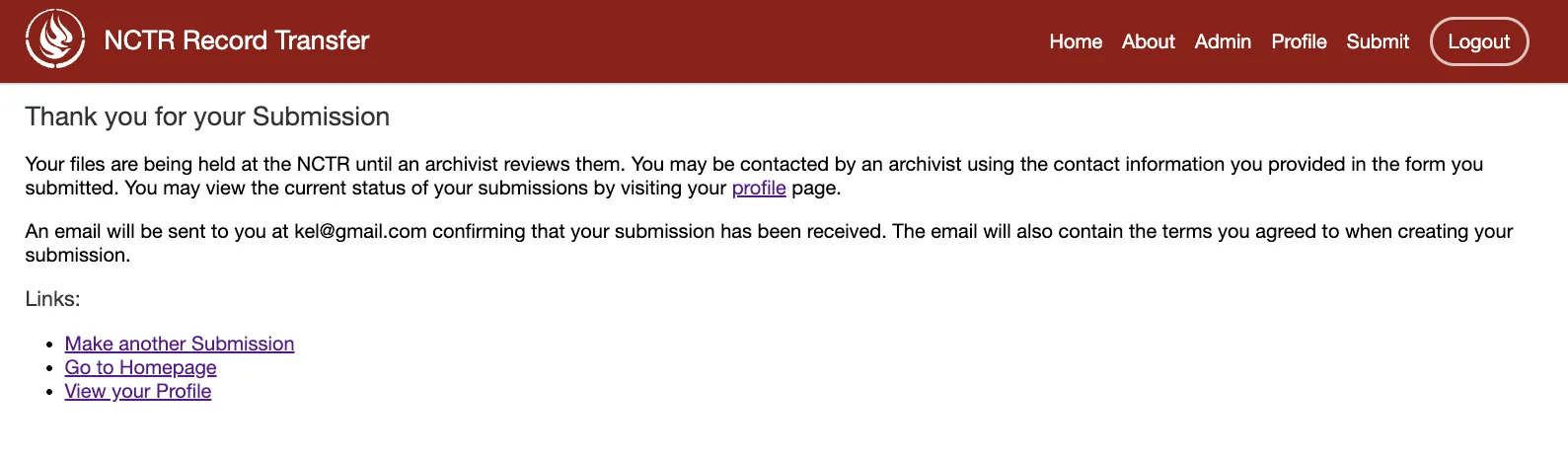 Thank you page after submitting the form