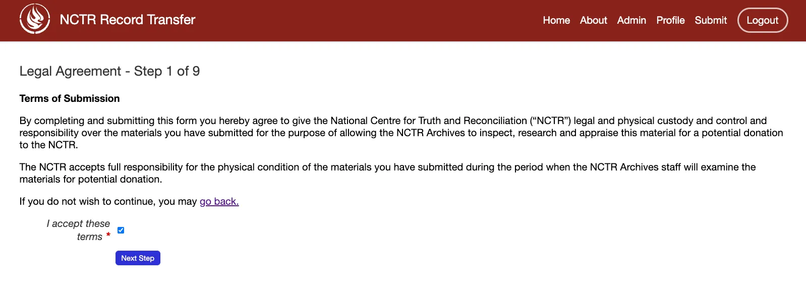 Step 1 of the submission form