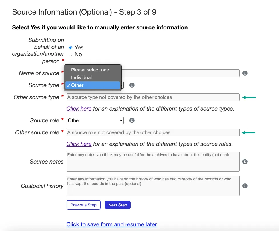 Step 3 of the submission form, selecting "Other" for source type or role