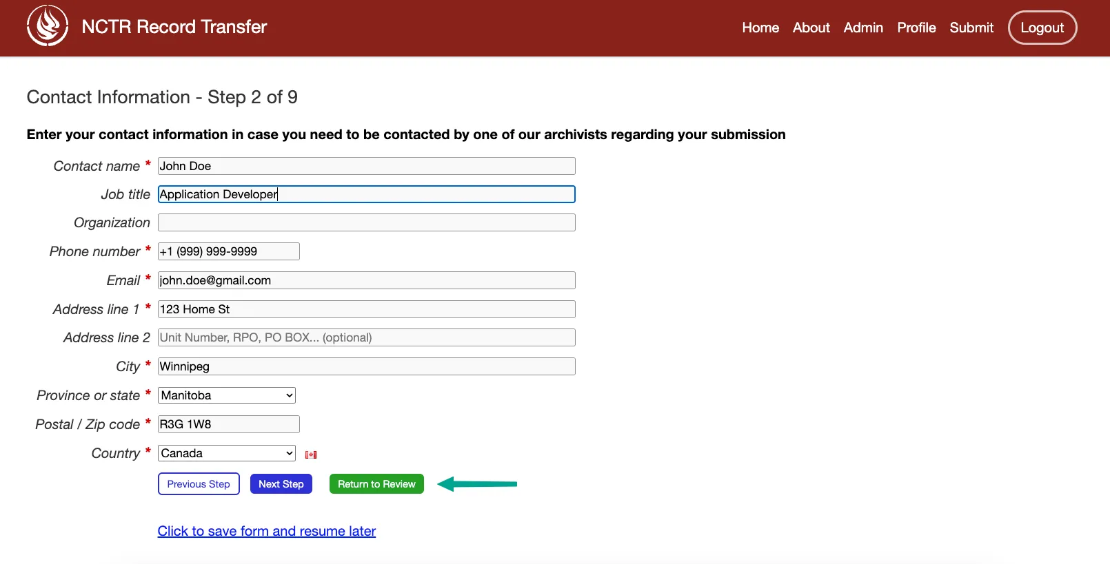 Step 9 of the submission form, returning to the review step