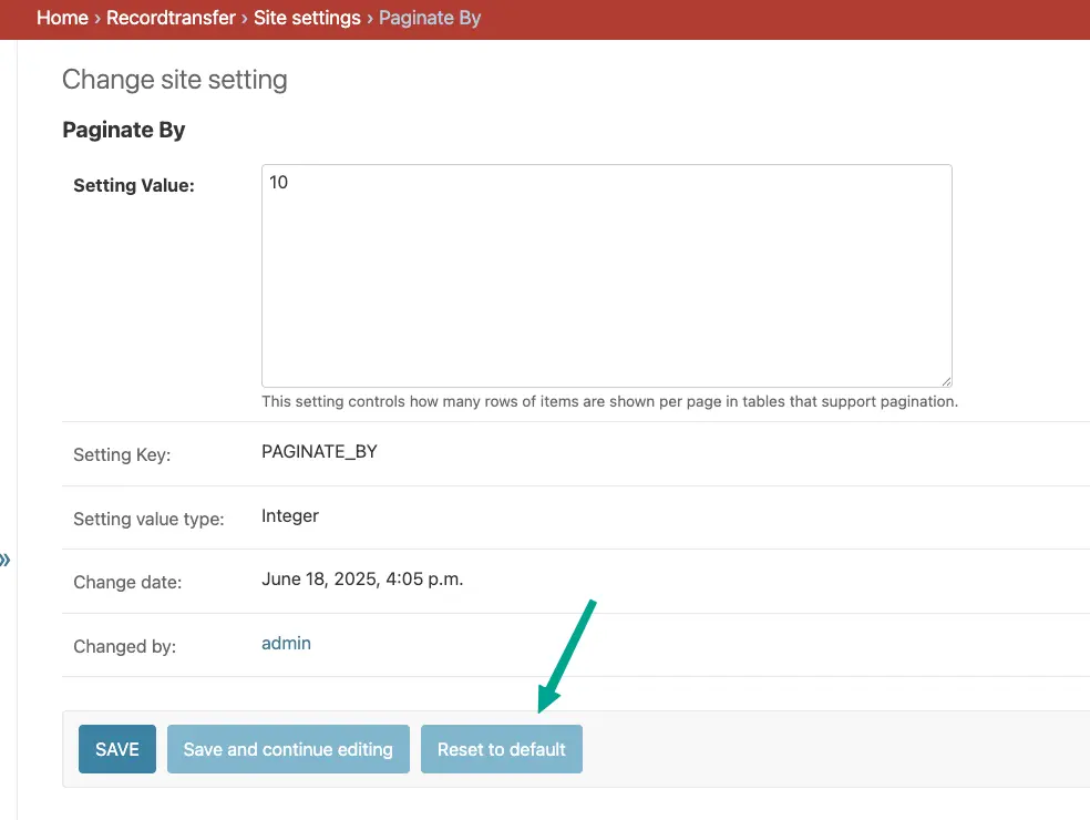 Reset Site Setting button in admin app