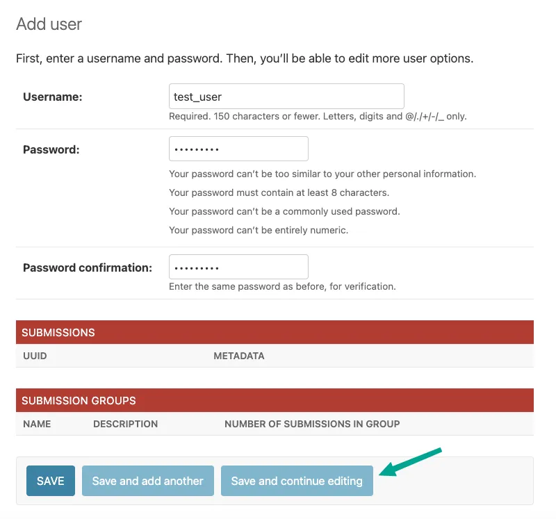 Save and continue editing link on User create page