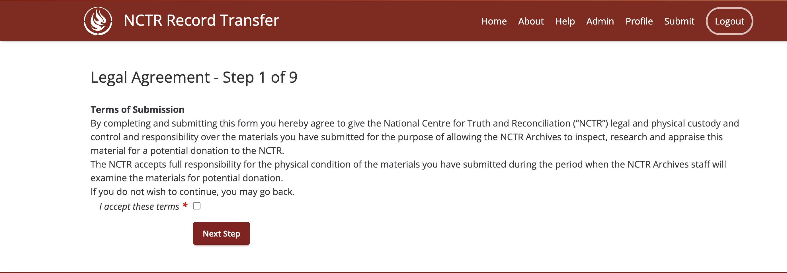 Step 1 of the submission form