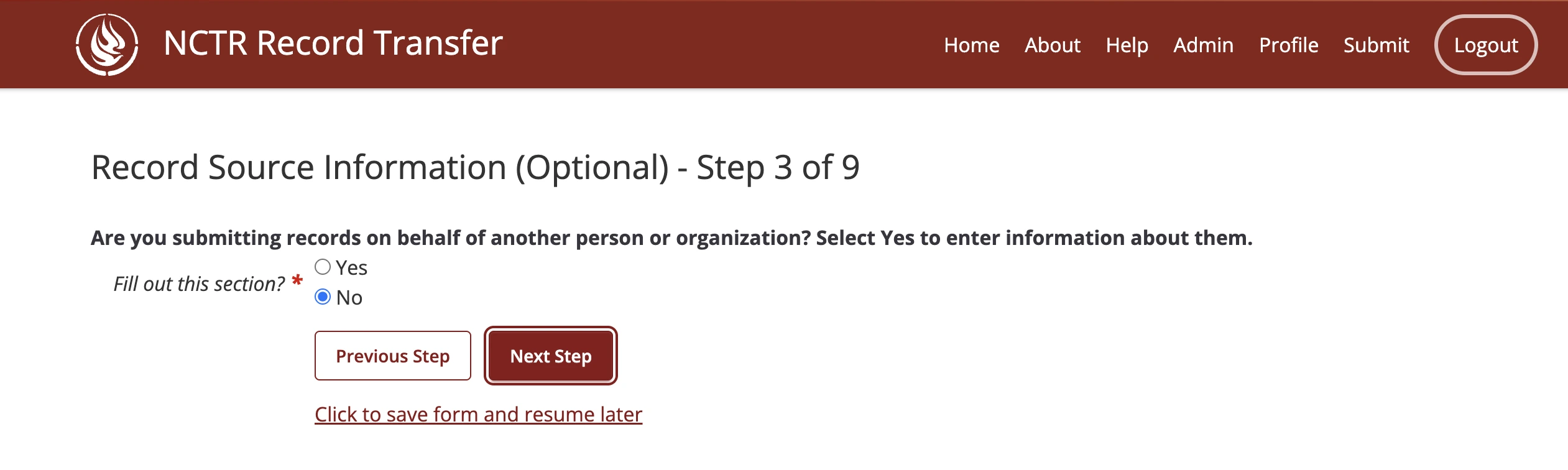 Step 3 of the submission form, not submitting on behalf of another person or organization