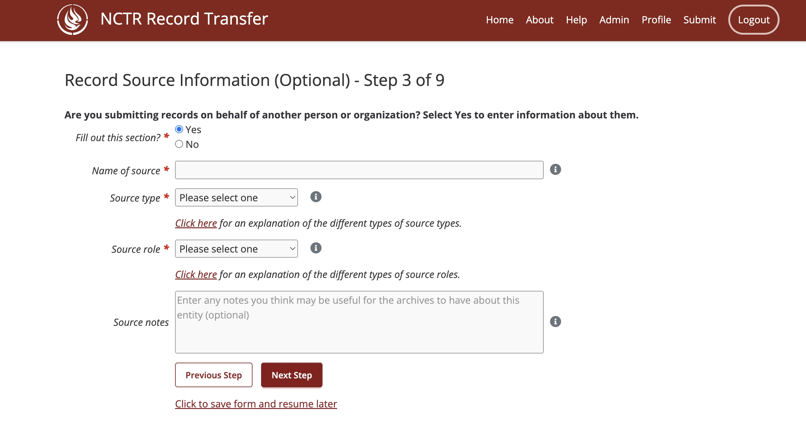 Step 3 of the submission form, submitting on behalf of another person or organization