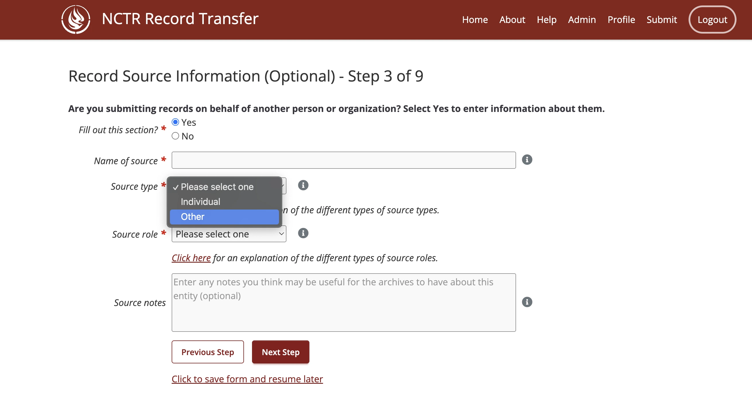 Step 3 of the submission form, selecting "Other" for source type or role