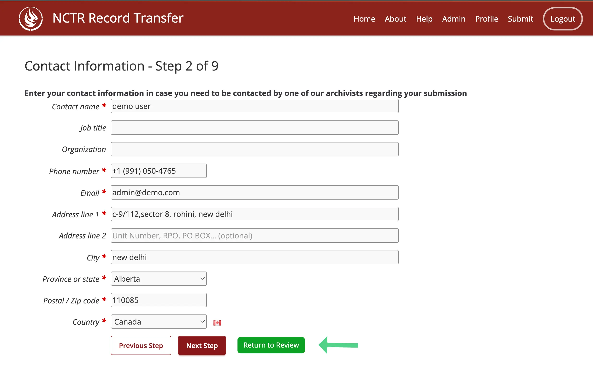 Step 9 of the submission form, returning to the review step