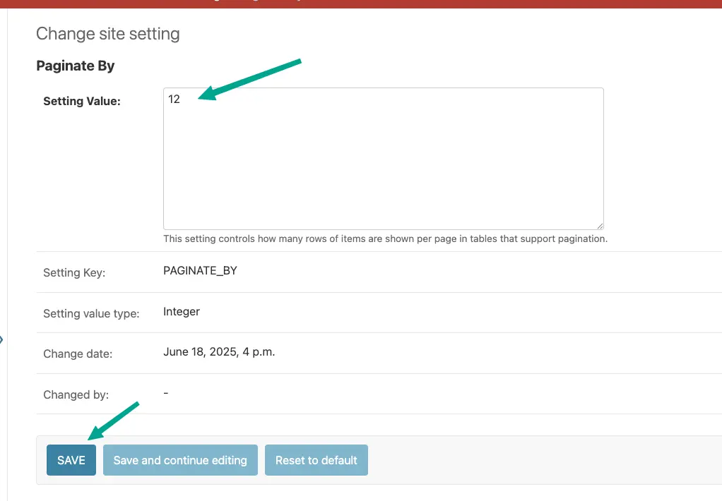Site Setting edit page in admin app