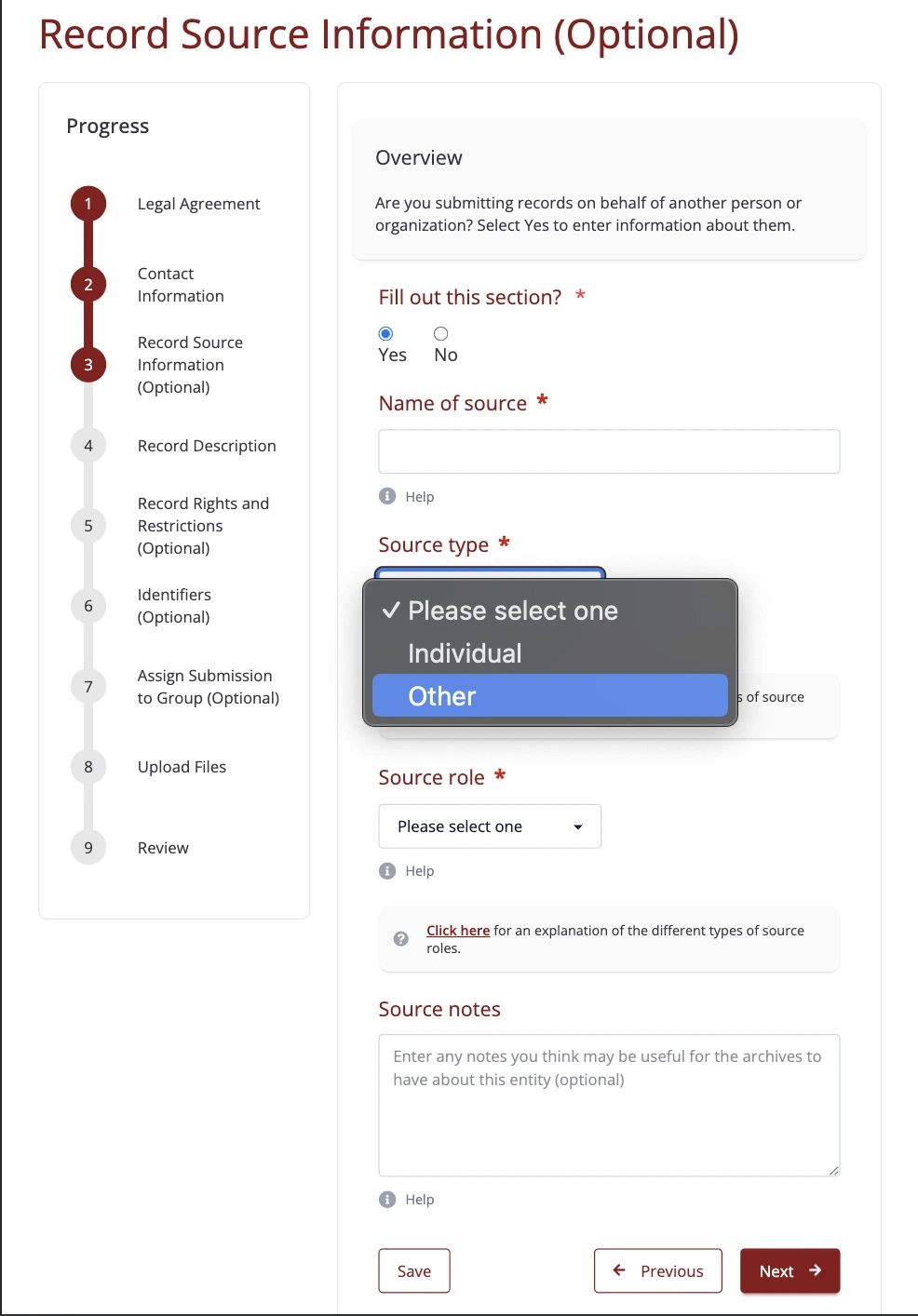 Step 3 of the submission form, selecting "Other" for source type or role