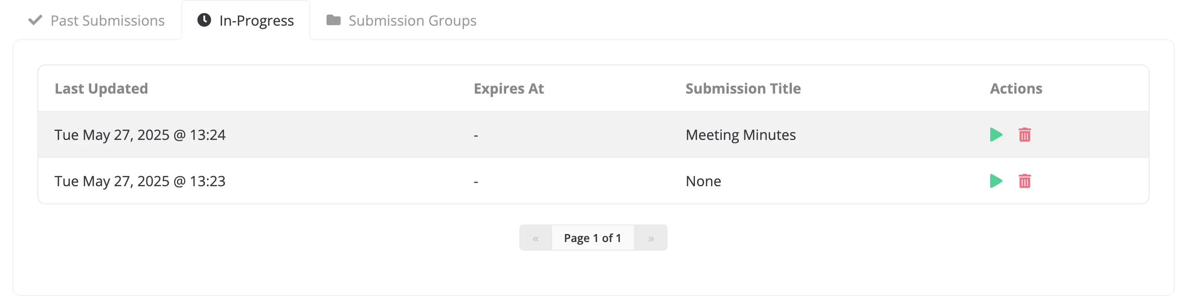 User profile in-progress submissions
