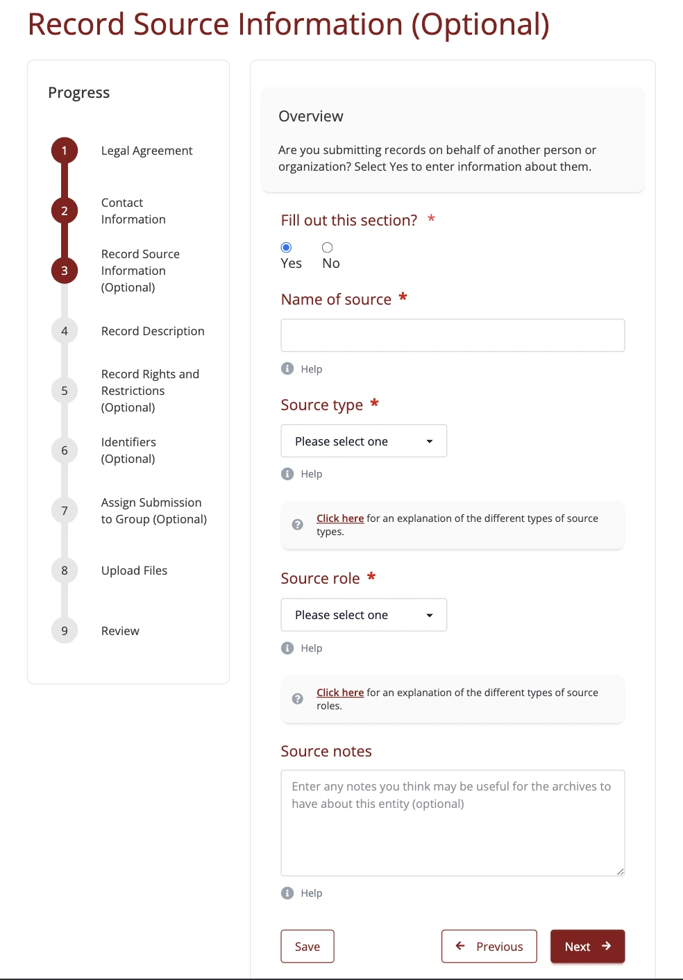 Step 3 of the submission form, submitting on behalf of another person or organization