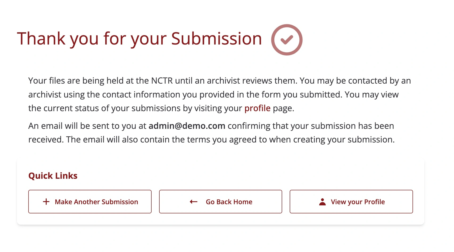 Thank you page after submitting the form