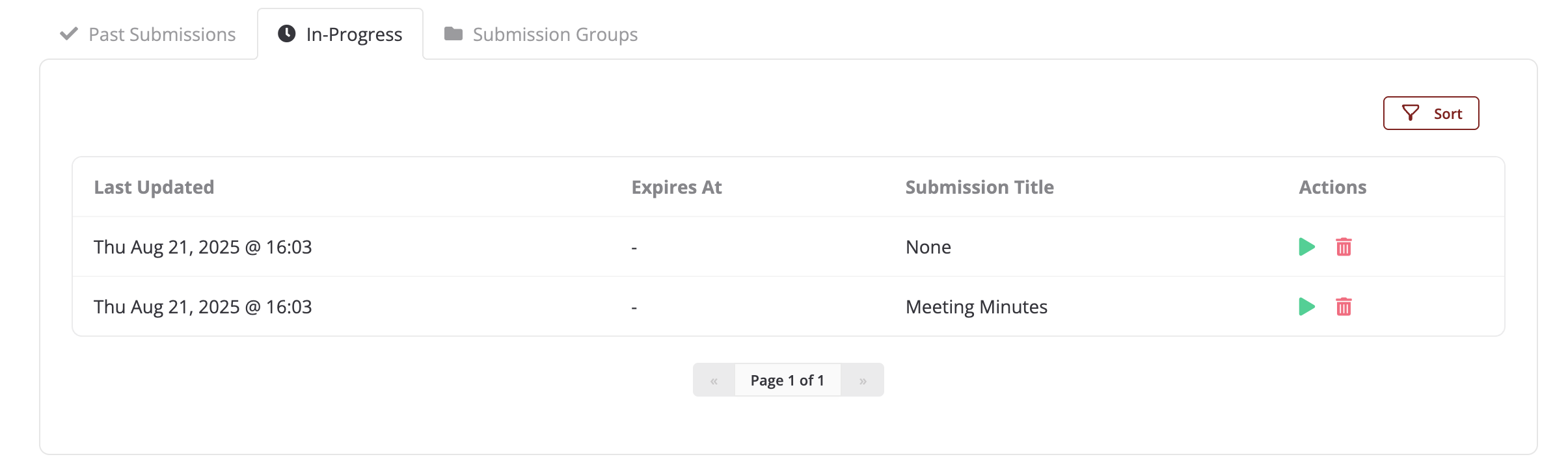 User profile in-progress submissions