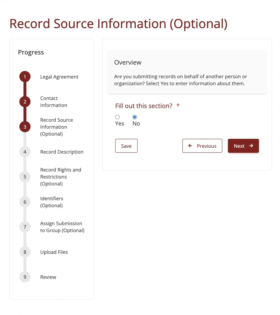 Step 3 of the submission form, not submitting on behalf of another person or organization