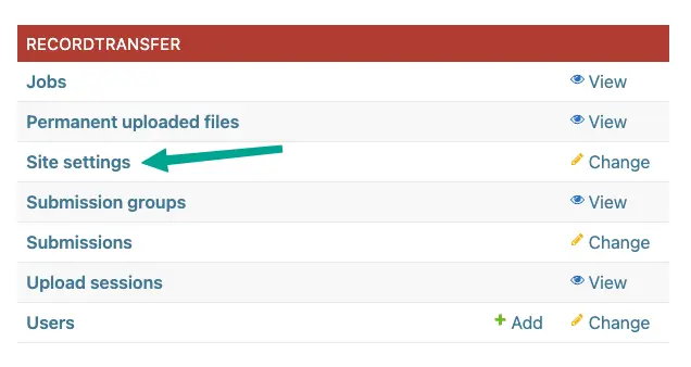 Selecting Site Settings in admin app