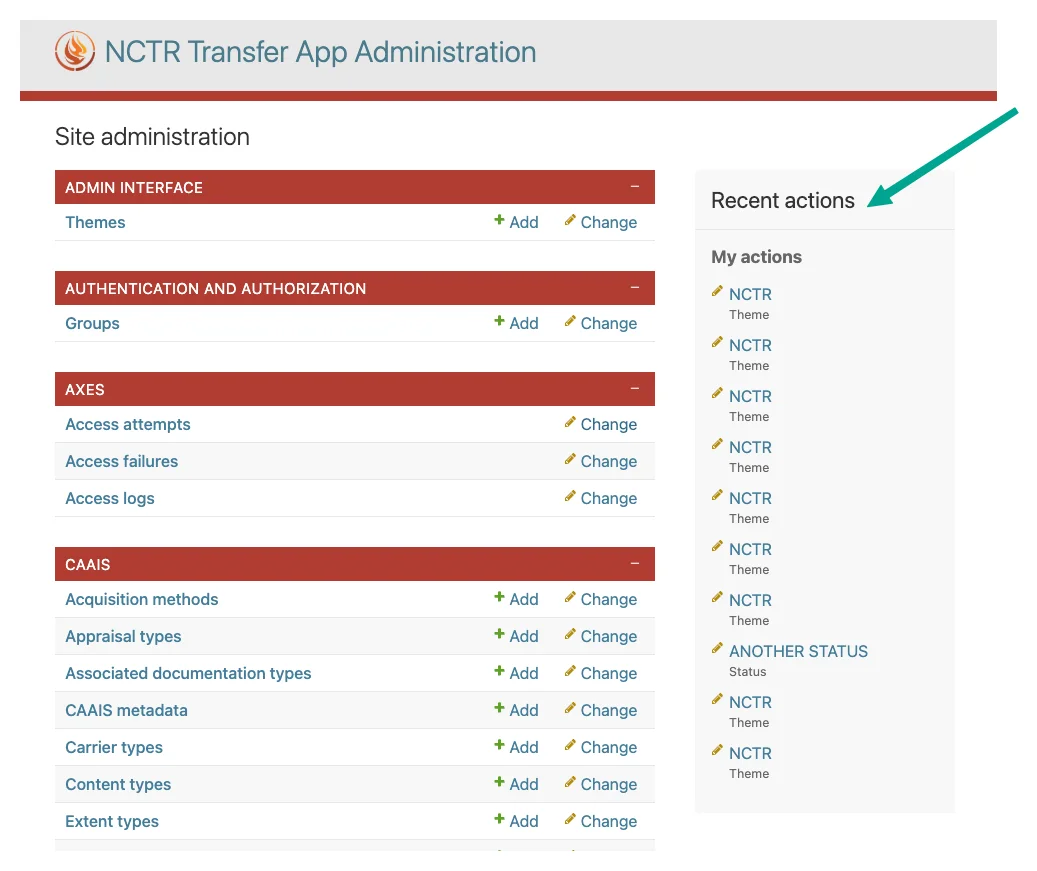 Example of recent actions sidebar in admin interface