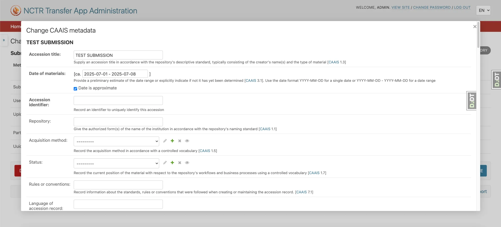 Example of related object modal popup in admin interface