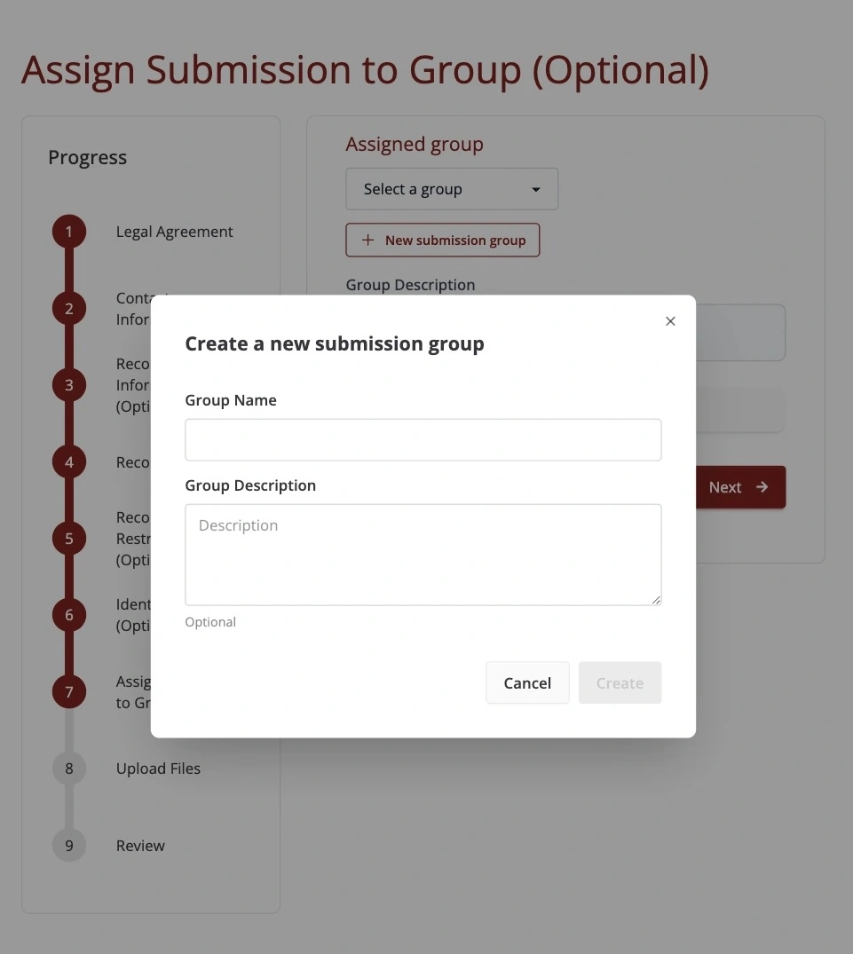Step 7 of the submission form, adding a new group