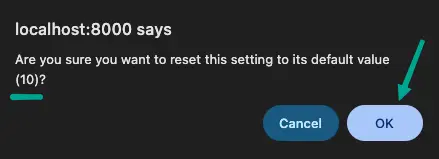 Confirm Reset Site Setting button in admin app