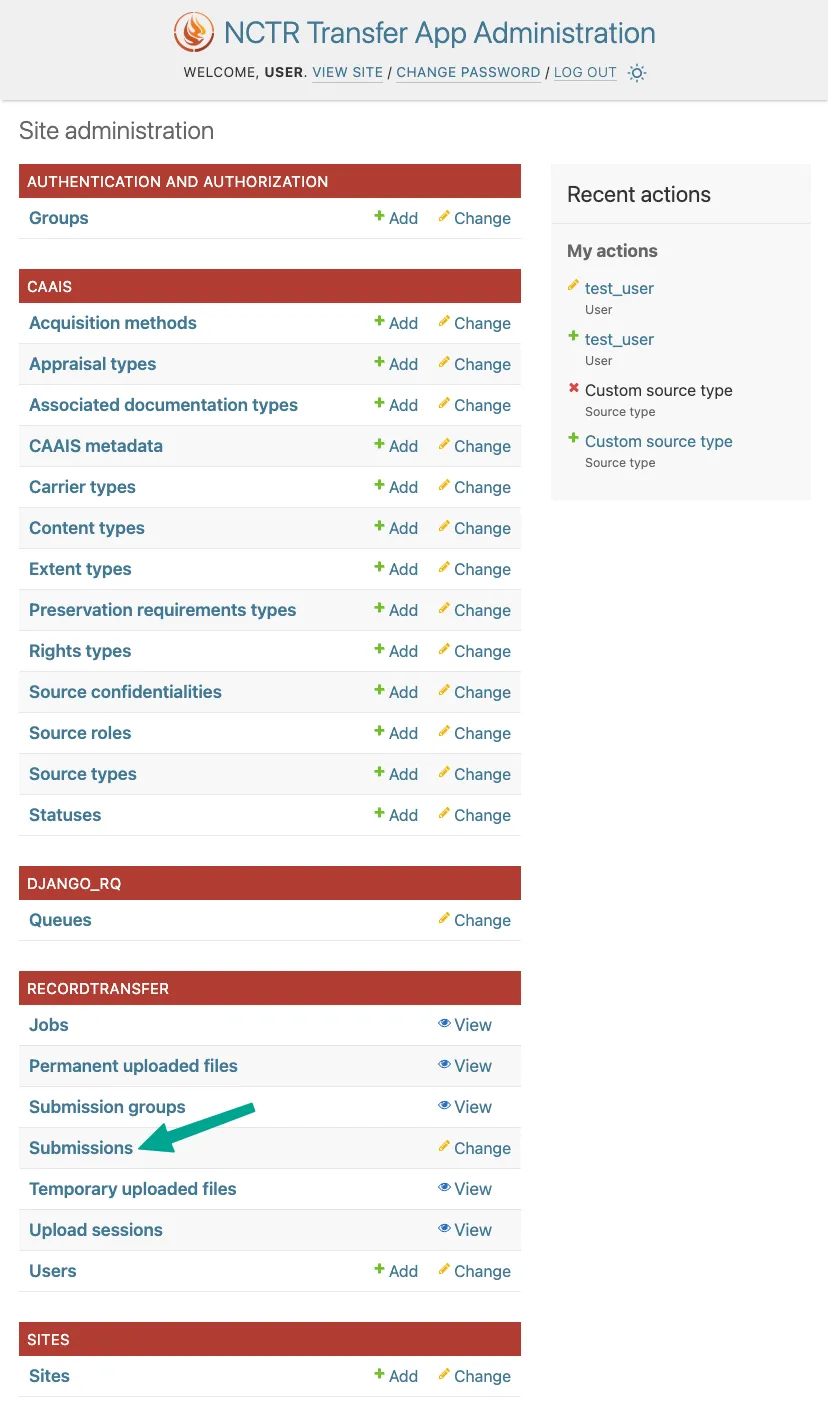Submissions link in admin app