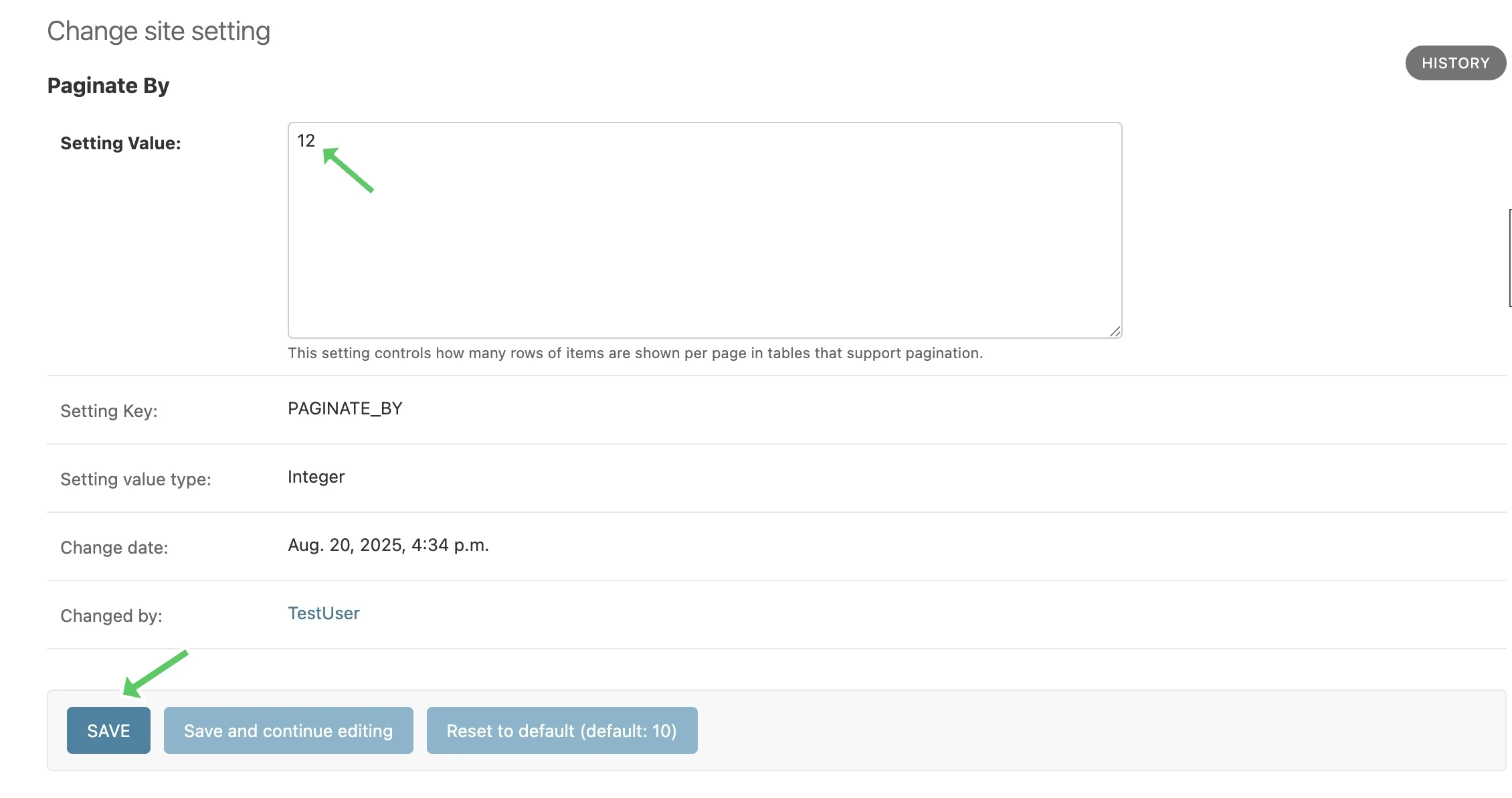 Site Setting edit page in admin app